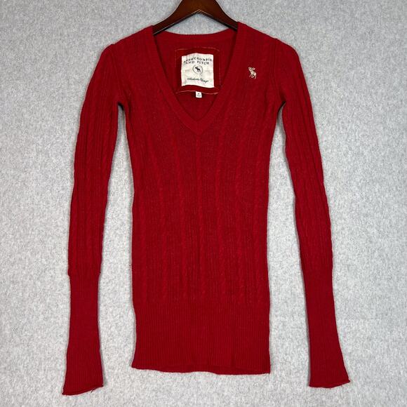 VTG Abercrombie & Fitch Red Y2K V Neck Cable Knit Sweater Size Medium - Picture 1 of 9